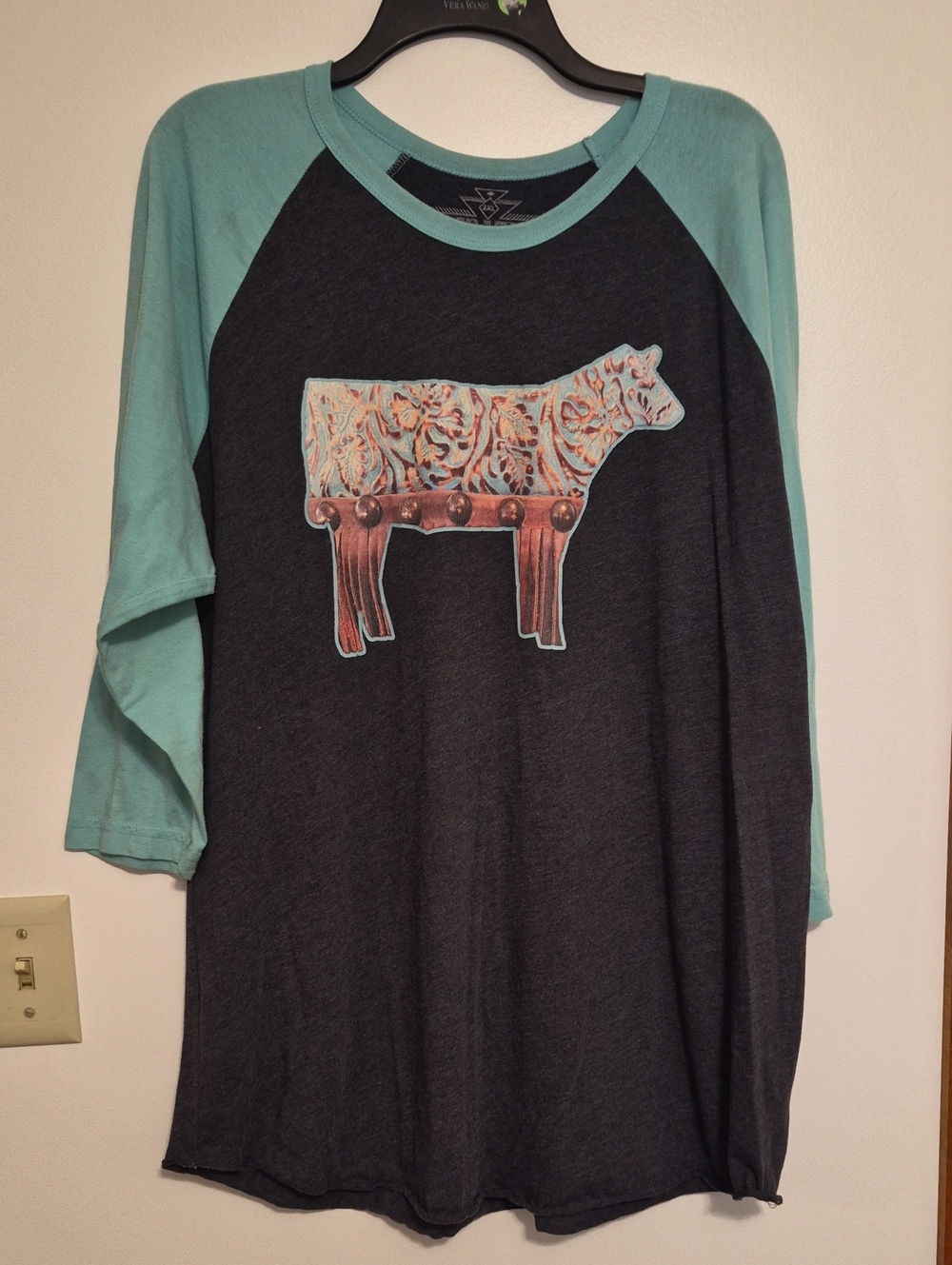 Crazy Train Charcoal Raglan Tee with Mint Green Sleeves & Cow Graphic SZ 2Xl